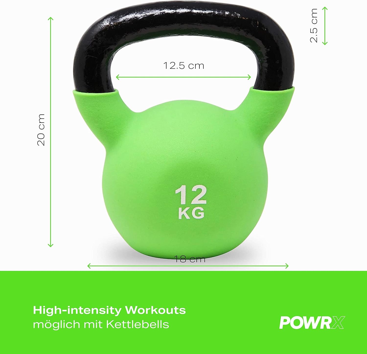 POWRX Kettlebell neopreen 2-26 kg incl. workout I kogelhalter in verschillende kleuren en gewichten I vloervriendelijke vlieghalter (12 kg (lichtgroen)