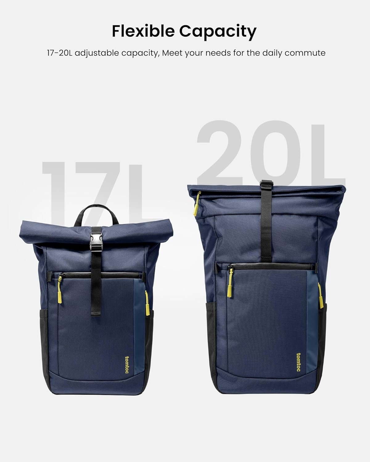 tomtoc Roll-Top laptop rugzak, lichtgewicht, waterbestendig reizen, woon-werkverkeer, informele dagrugzak voor 13-16 inch MacBook, universele 15,6 laptop, grote capaciteit verstelbaar 17-23 l,