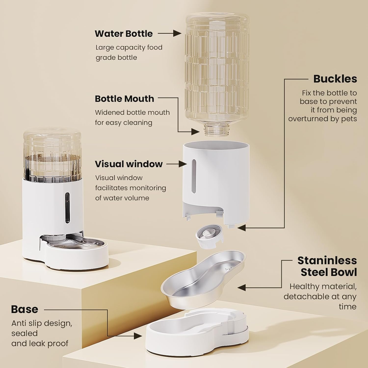 JUNSPOW 4L Kattenwaterdispenser met RVS Kom - Wit