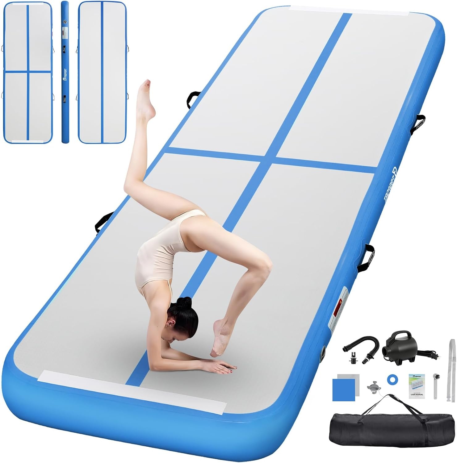 FBSPORT AirTrack-mat, gymnastiekmat met luchtpomp, trainingsmat met draagtas, turnmat voor thuis, outdoor, yoga, oefengymnastiek en nog veel meer, dikte 10 cm, lengte 4 m