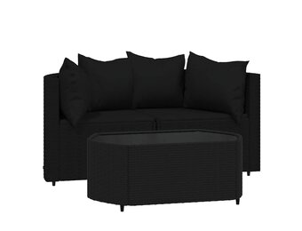vidaXL 3-delige Loungeset met kussens poly rattan zwart