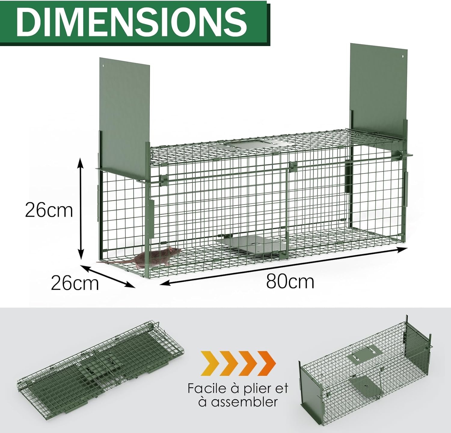 Dierenval, Foldable herbruikbare animal trap, Muizenval, voor muis, knaagdieren, katten, vossen, wasbeer, weasel vangst,vangkooi, dierenvanger vanger-Dubbele deur-80 x 26 x 26 CM