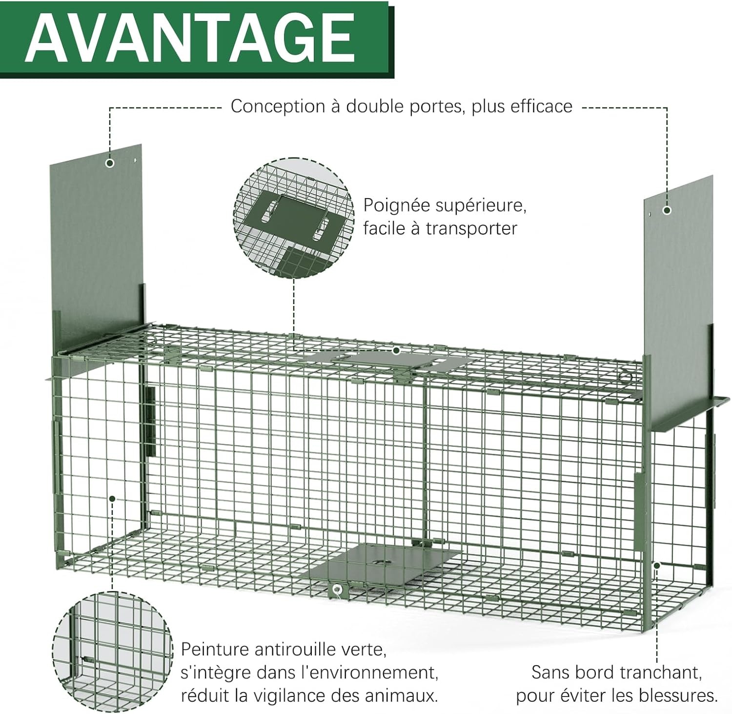 Dierenval, Foldable herbruikbare animal trap, Muizenval, voor muis, knaagdieren, katten, vossen, wasbeer, weasel vangst,vangkooi, dierenvanger vanger-Dubbele deur-80 x 26 x 26 CM