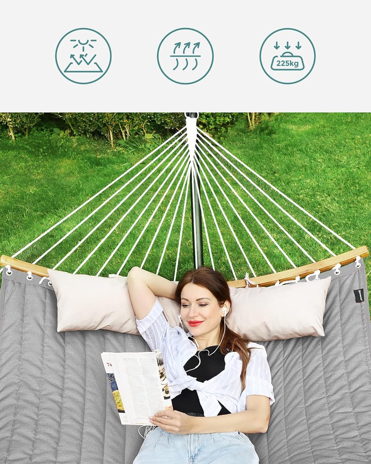 SONGMICS Hangmat voor 2 personen, gewatteerd, met deelbare gebogen spreidstangen van bamboe, met kussen, Oxford-weefsel, 200 x 140 cm, tot 225 kg belastbaar, bruin-grijs GDC34CG