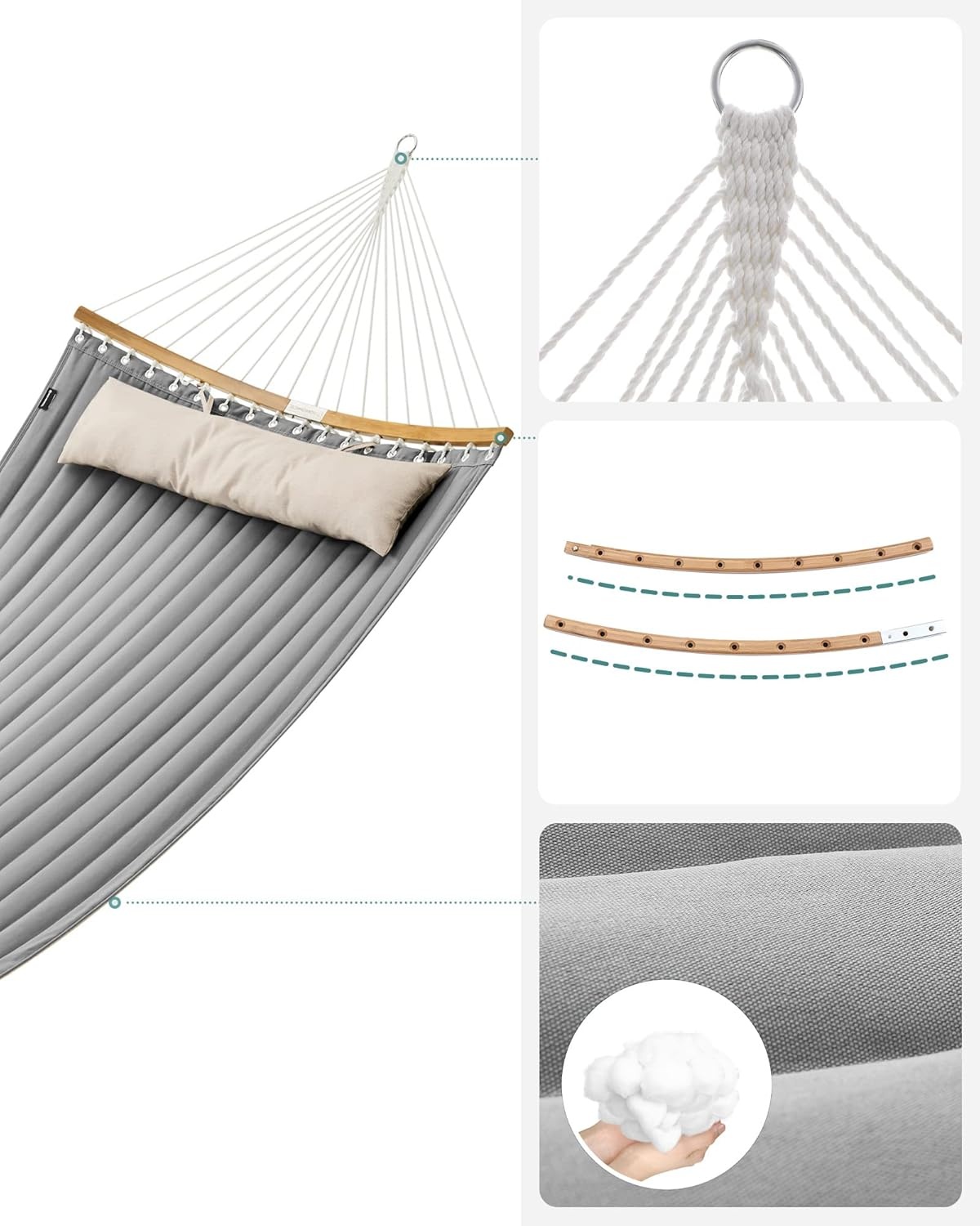 SONGMICS Hangmat voor 2 personen, gewatteerd, met deelbare gebogen spreidstangen van bamboe, met kussen, Oxford-weefsel, 200 x 140 cm, tot 225 kg belastbaar, bruin-grijs GDC34CG