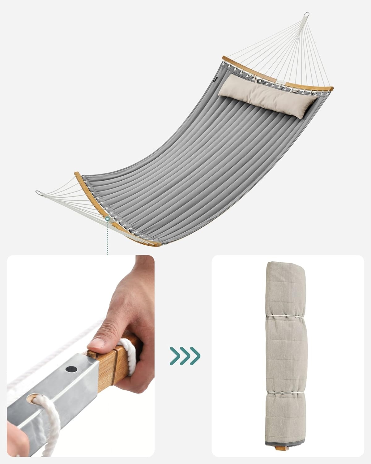 SONGMICS Hangmat voor 2 personen, gewatteerd, met deelbare gebogen spreidstangen van bamboe, met kussen, Oxford-weefsel, 200 x 140 cm, tot 225 kg belastbaar, bruin-grijs GDC34CG