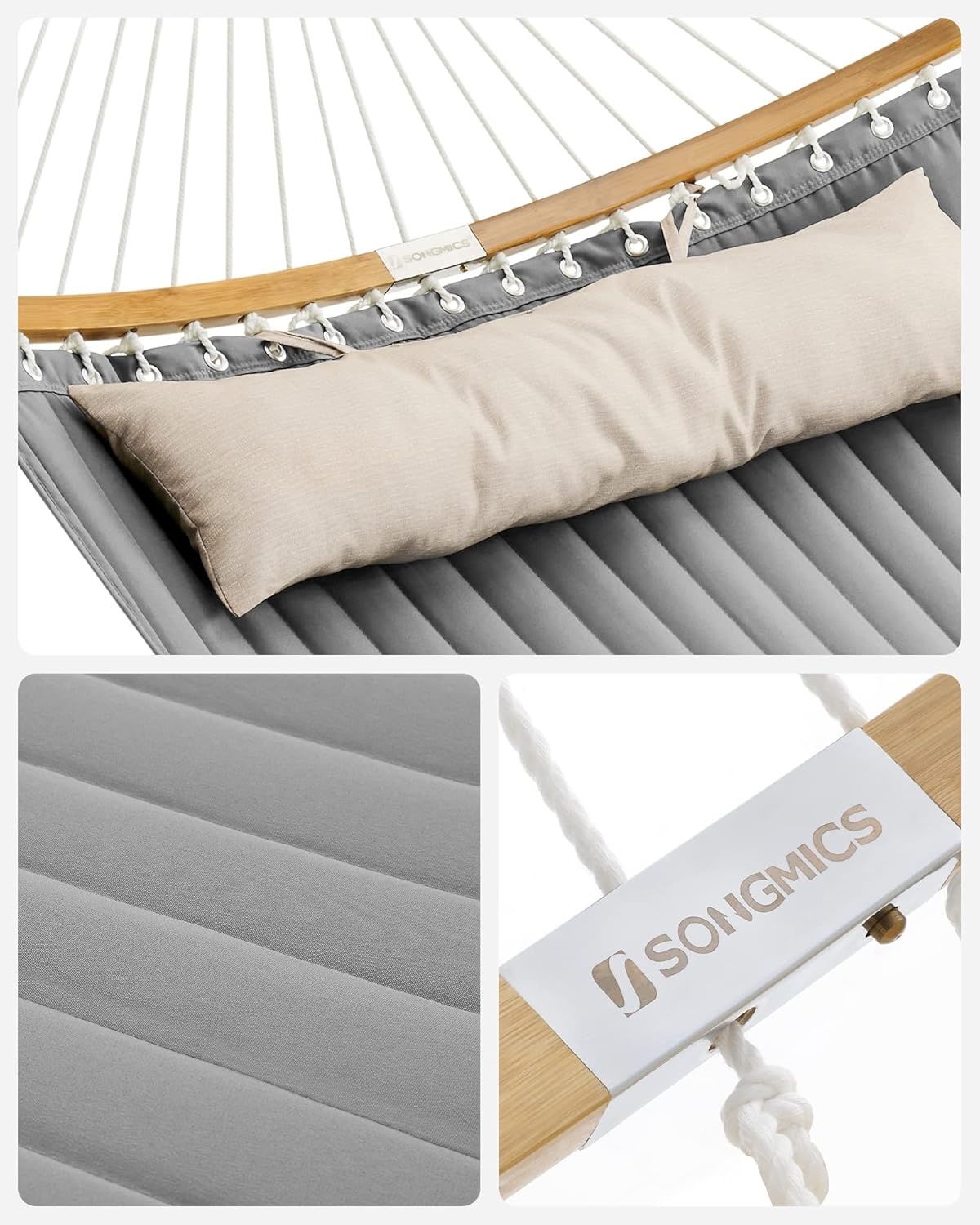 SONGMICS Hangmat voor 2 personen, gewatteerd, met deelbare gebogen spreidstangen van bamboe, met kussen, Oxford-weefsel, 200 x 140 cm, tot 225 kg belastbaar, bruin-grijs GDC34CG
