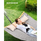 SONGMICS Hangmat voor 2 personen, gewatteerd, met deelbare gebogen spreidstangen van bamboe, met kussen, Oxford-weefsel, 200 x 140 cm, tot 225 kg belastbaar, bruin-grijs GDC34CG