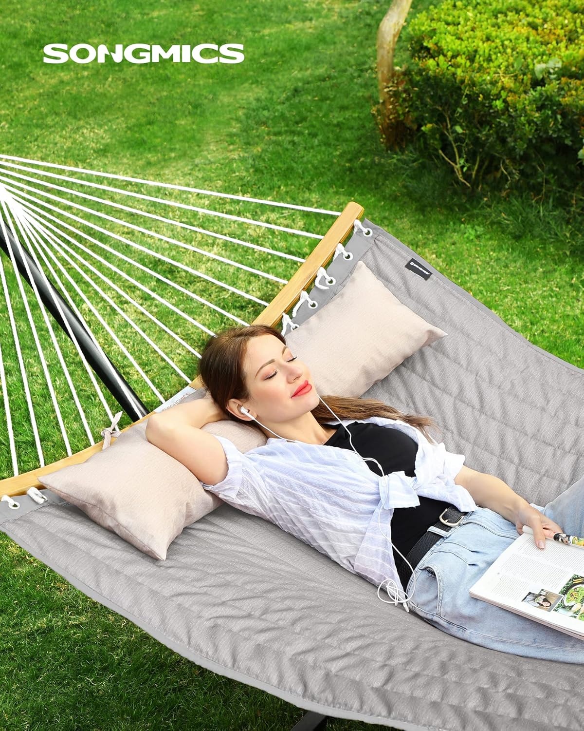 SONGMICS Hangmat voor 2 personen, gewatteerd, met deelbare gebogen spreidstangen van bamboe, met kussen, Oxford-weefsel, 200 x 140 cm, tot 225 kg belastbaar, bruin-grijs GDC34CG