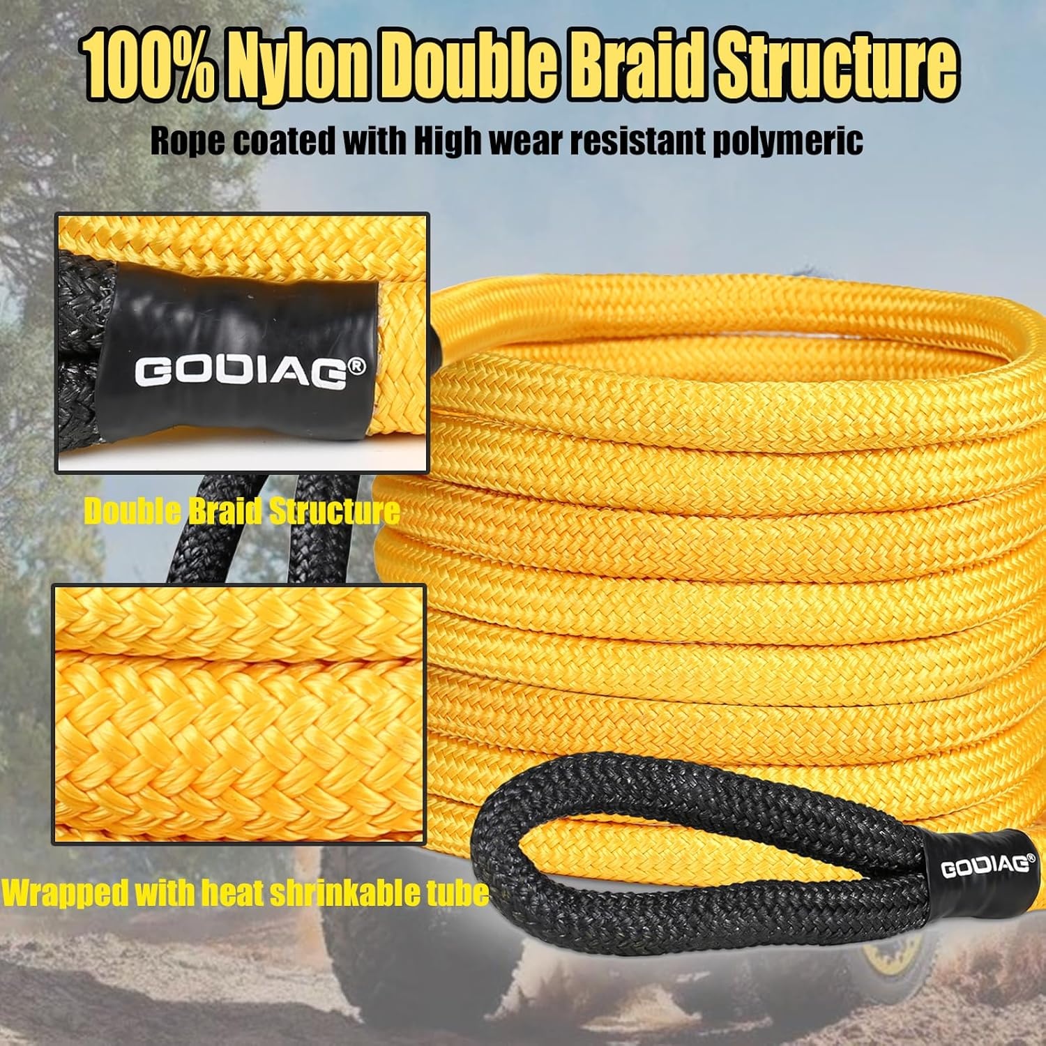 GODIAG 1 "× 20ft kinetisch hersteltouw (33000 lbs) Heavy Duty Energie Sleepkabel met 2 Zachte Sluitingen, Offroad Power Stretch Snatch Touw voor Truck Jeep Auto ATV UTV Tractor