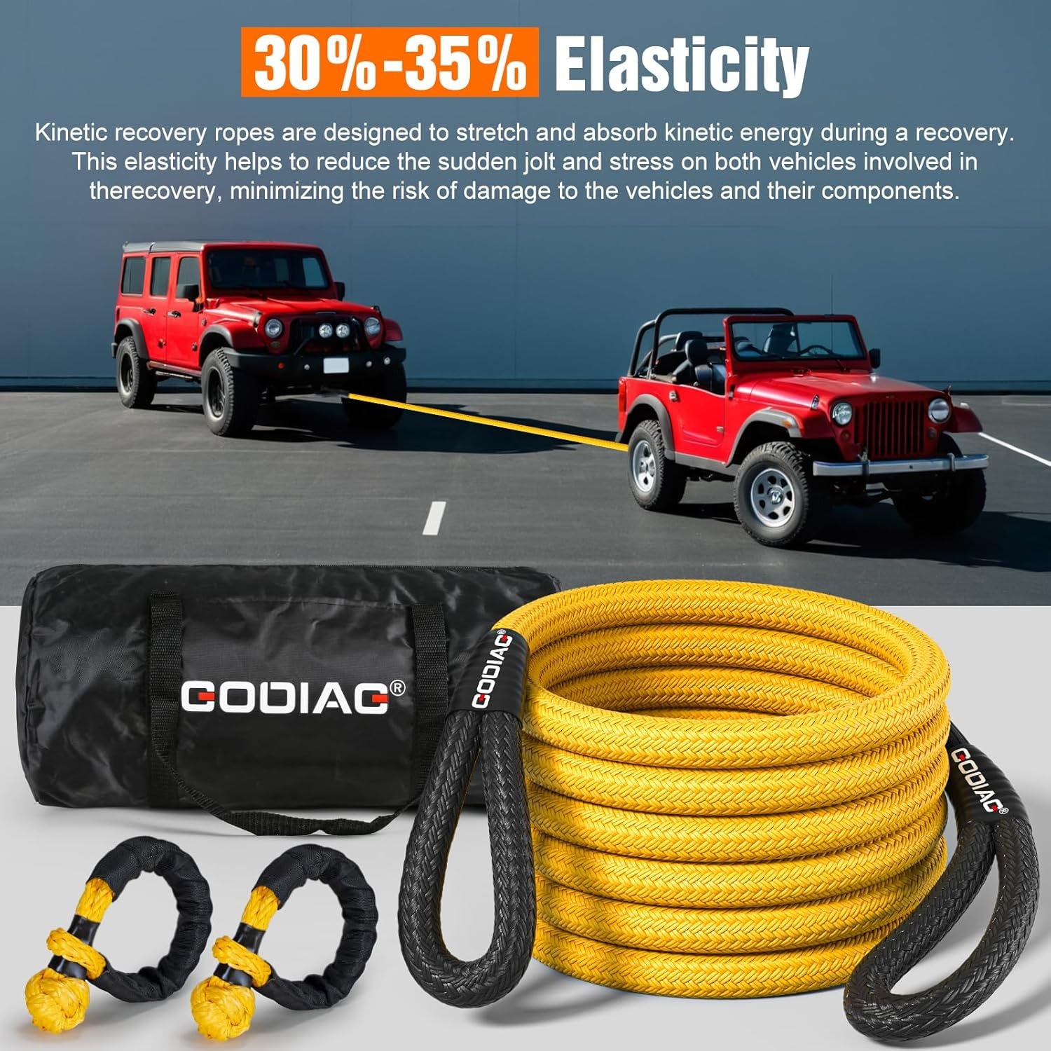 GODIAG 1 "× 20ft kinetisch hersteltouw (33000 lbs) Heavy Duty Energie Sleepkabel met 2 Zachte Sluitingen, Offroad Power Stretch Snatch Touw voor Truck Jeep Auto ATV UTV Tractor