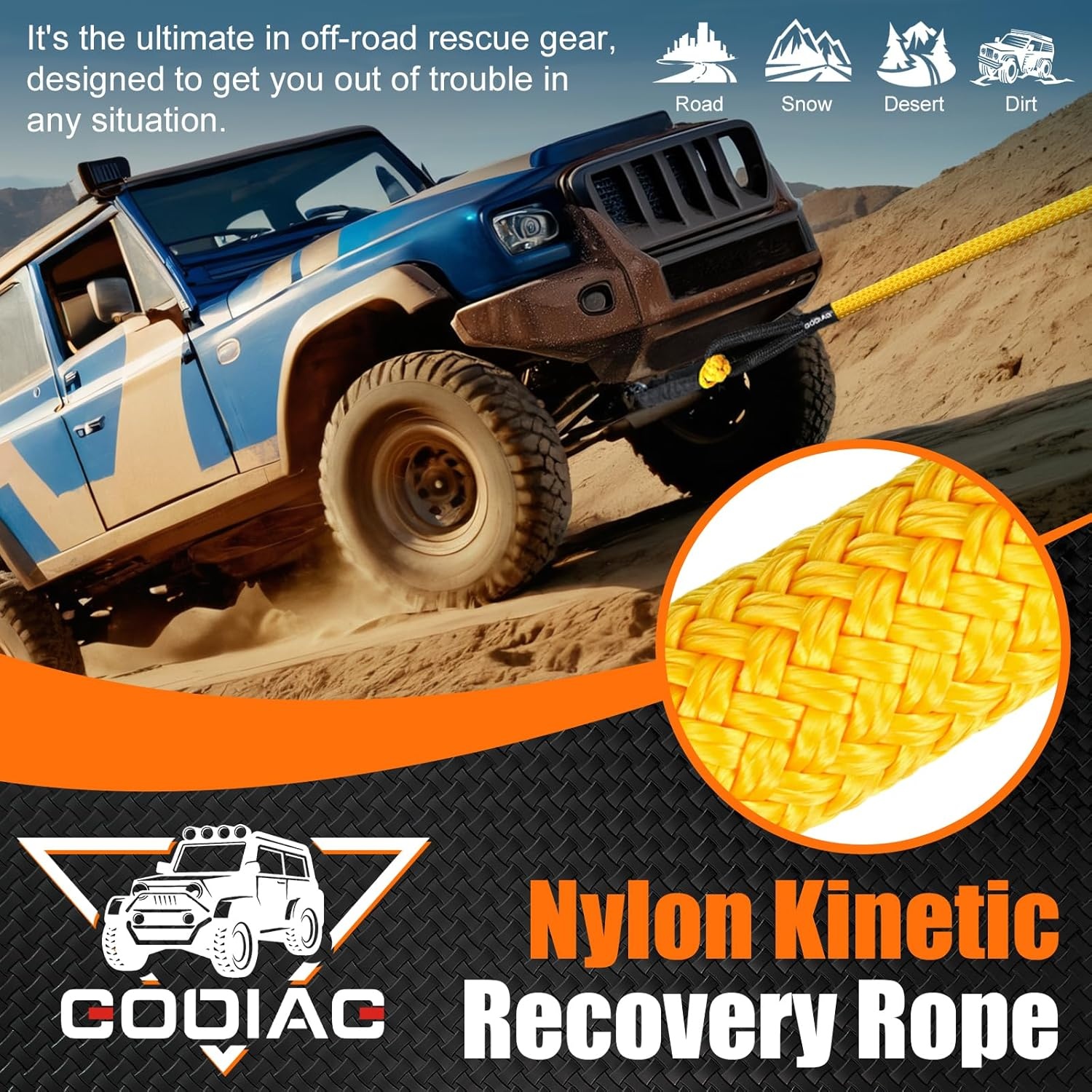 GODIAG 1 "× 20ft kinetisch hersteltouw (33000 lbs) Heavy Duty Energie Sleepkabel met 2 Zachte Sluitingen, Offroad Power Stretch Snatch Touw voor Truck Jeep Auto ATV UTV Tractor