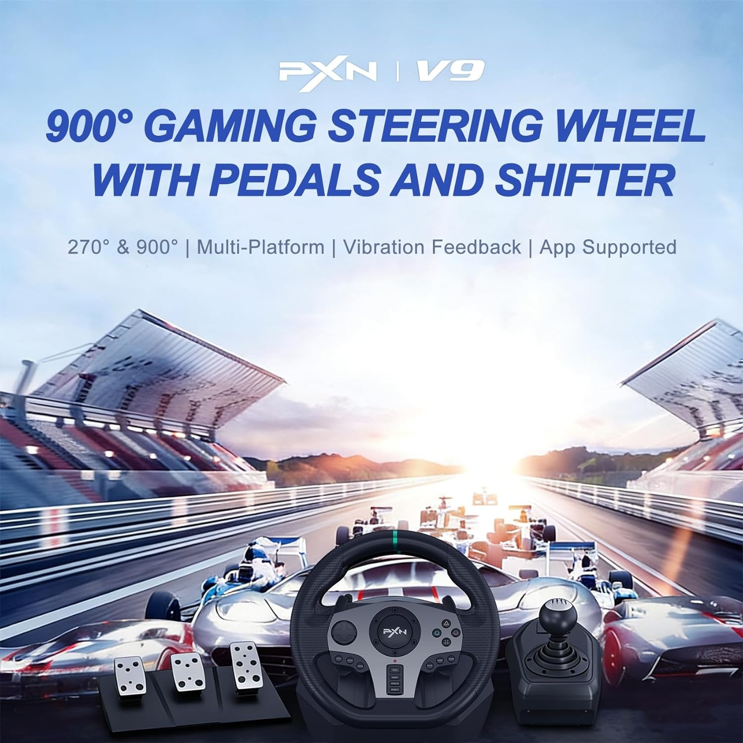 PXN V9 Racestuur met Pedalen en Shifter, 270/900° Stuur met Tool App, Vibratie Feedback, Paddle Shifters. Game stuur voor PC, PS4, Xbox One, Xbox Series X|S, PS3, Switch