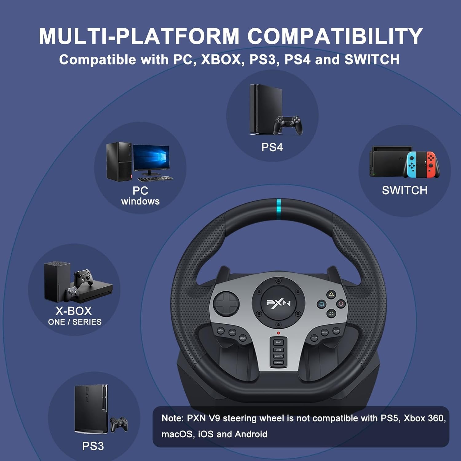PXN V9 Racestuur met Pedalen en Shifter, 270/900° Stuur met Tool App, Vibratie Feedback, Paddle Shifters. Game stuur voor PC, PS4, Xbox One, Xbox Series X|S, PS3, Switch