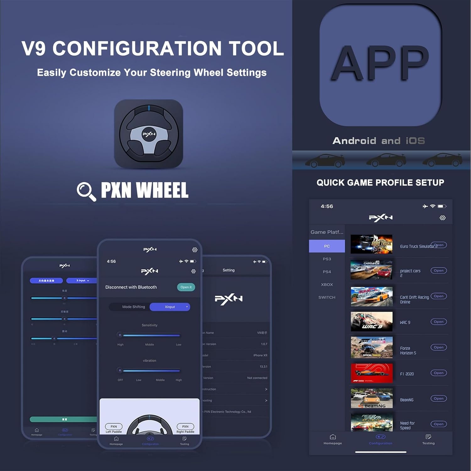 PXN V9 Racestuur met Pedalen en Shifter, 270/900° Stuur met Tool App, Vibratie Feedback, Paddle Shifters. Game stuur voor PC, PS4, Xbox One, Xbox Series X|S, PS3, Switch