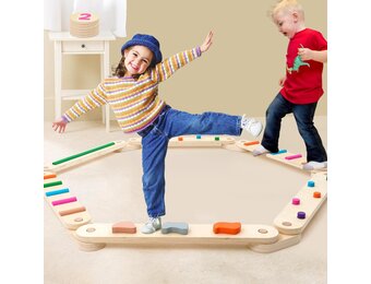Holz Kleinkinder Schwebebalken mit 6 Balanciersteine frei kombinierbar,Montessori Spielzeug für Drinnen und Draußen,Holz-Balance-Board für Kinder für Koordination und Stabilität ab 3-7 Jahren