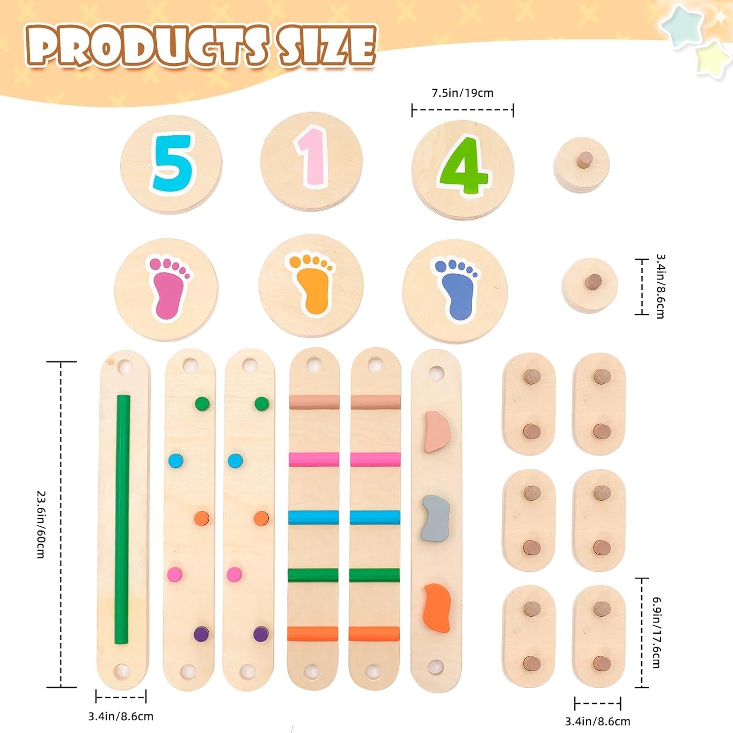 Holz Kleinkinder Schwebebalken mit 6 Balanciersteine frei kombinierbar,Montessori Spielzeug für Drinnen und Draußen,Holz-Balance-Board für Kinder für Koordination und Stabilität ab 3-7 Jahren