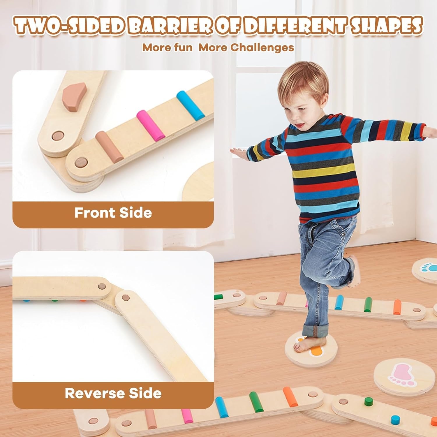 Holz Kleinkinder Schwebebalken mit 6 Balanciersteine frei kombinierbar,Montessori Spielzeug für Drinnen und Draußen,Holz-Balance-Board für Kinder für Koordination und Stabilität ab 3-7 Jahren