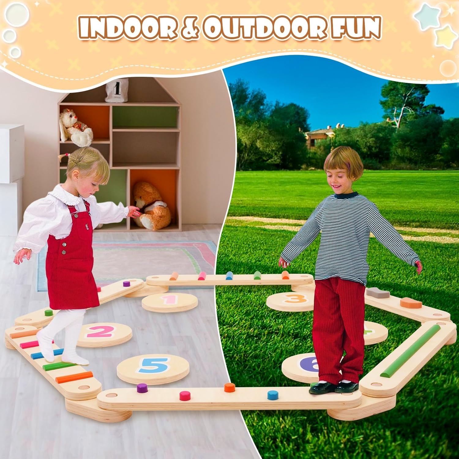 Holz Kleinkinder Schwebebalken mit 6 Balanciersteine frei kombinierbar,Montessori Spielzeug für Drinnen und Draußen,Holz-Balance-Board für Kinder für Koordination und Stabilität ab 3-7 Jahren