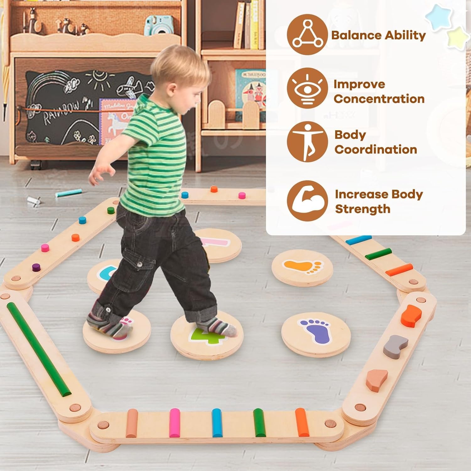 Holz Kleinkinder Schwebebalken mit 6 Balanciersteine frei kombinierbar,Montessori Spielzeug für Drinnen und Draußen,Holz-Balance-Board für Kinder für Koordination und Stabilität ab 3-7 Jahren
