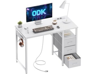 ODK Bureau met 3 laden, bureau voor op kantoor met 2 stopcontacten en USB-poorten, omkeerbaar pc-bureau, computertafel (Bianco, 100x48cm)
