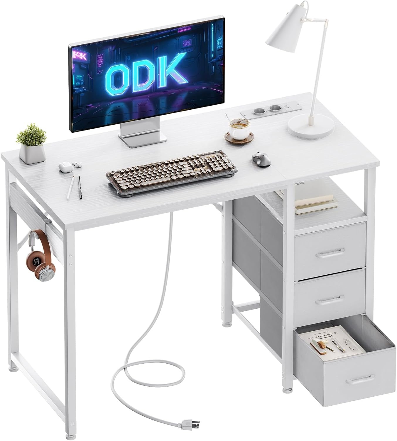 ODK Bureau met 3 laden, bureau voor op kantoor met 2 stopcontacten en USB-poorten, omkeerbaar pc-bureau, computertafel (Bianco, 100x48cm)