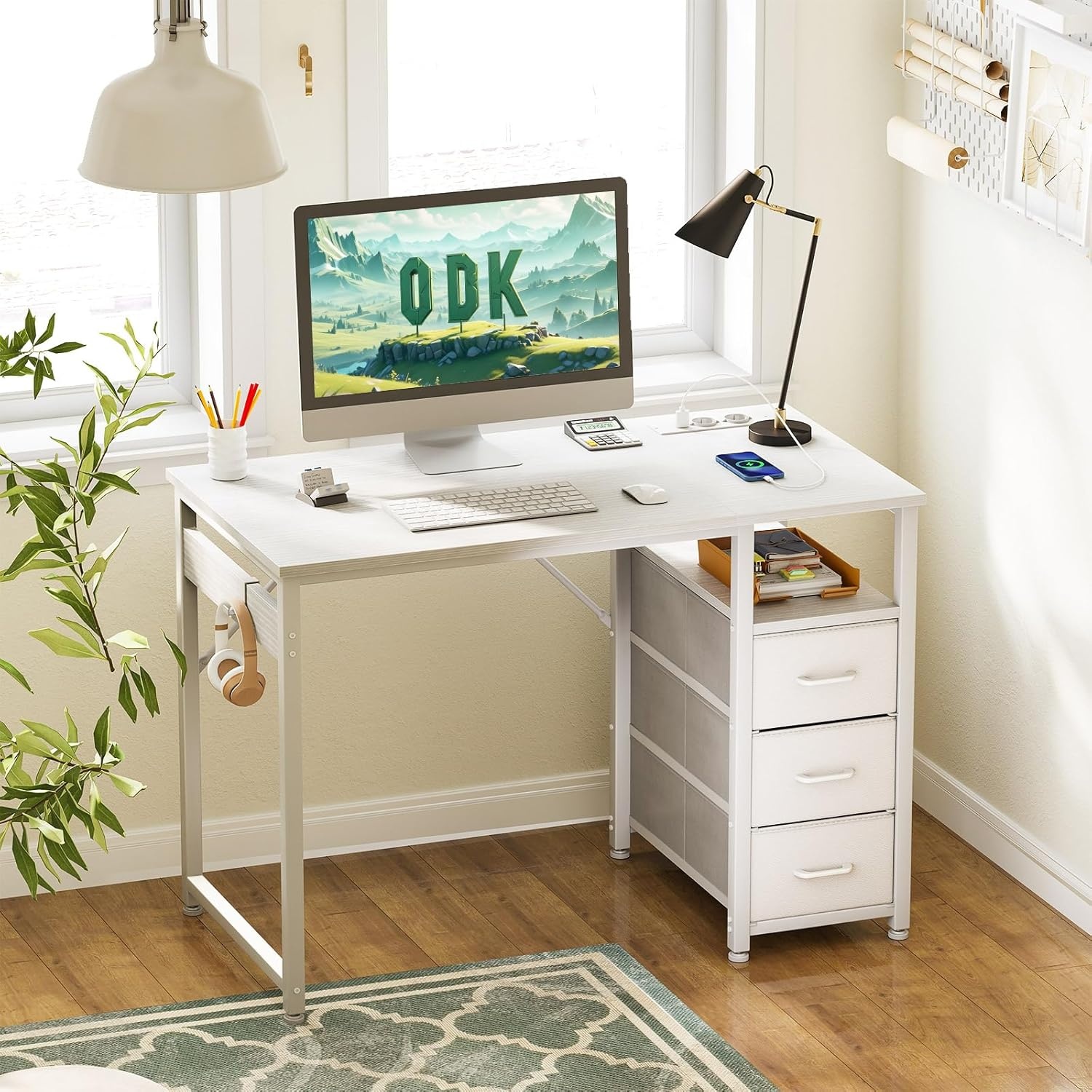 ODK Bureau met 3 laden, bureau voor op kantoor met 2 stopcontacten en USB-poorten, omkeerbaar pc-bureau, computertafel (Bianco, 100x48cm)
