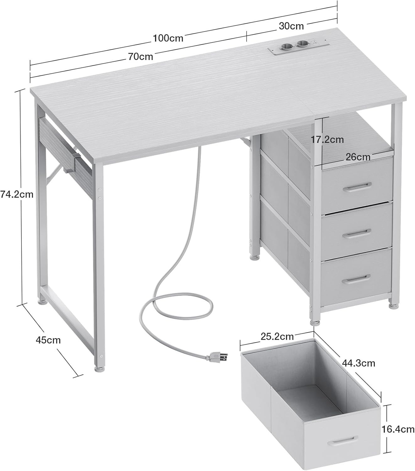 ODK Bureau met 3 laden, bureau voor op kantoor met 2 stopcontacten en USB-poorten, omkeerbaar pc-bureau, computertafel (Bianco, 100x48cm)