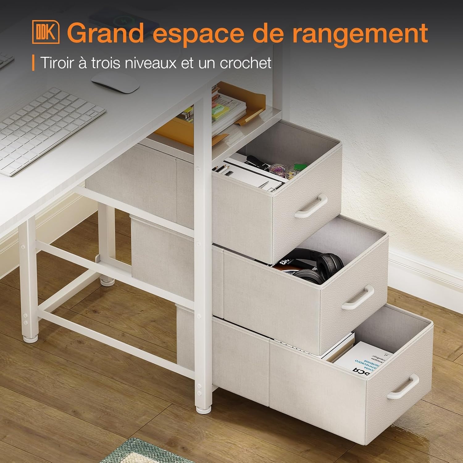 ODK Bureau met 3 laden, bureau voor op kantoor met 2 stopcontacten en USB-poorten, omkeerbaar pc-bureau, computertafel (Bianco, 100x48cm)