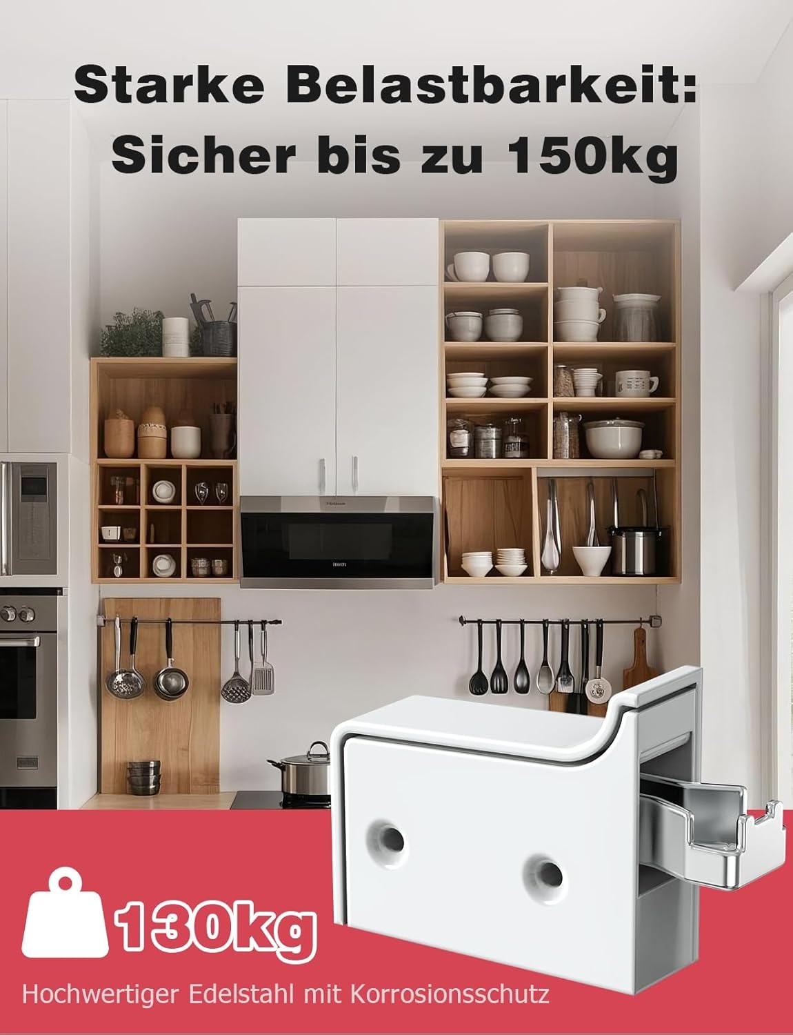 Mellbree Hangkasthouder, verstelbaar, wandhouder, maximaal draagvermogen 130 kg, robuuste houder voor keuken-, badkamer- en woonkamerkasten (6 stuks, wit)