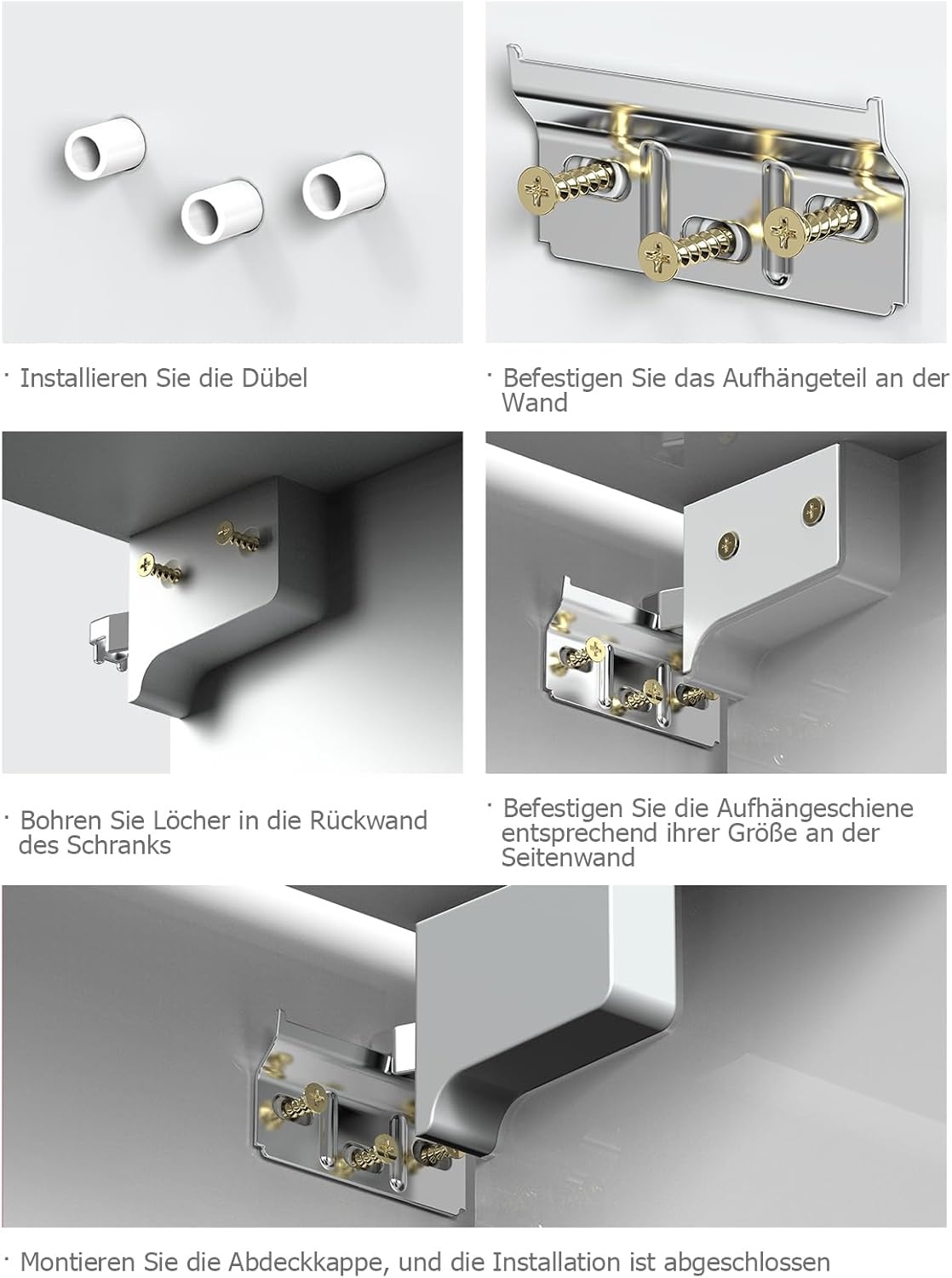 Mellbree Hangkasthouder, verstelbaar, wandhouder, maximaal draagvermogen 130 kg, robuuste houder voor keuken-, badkamer- en woonkamerkasten (6 stuks, wit)