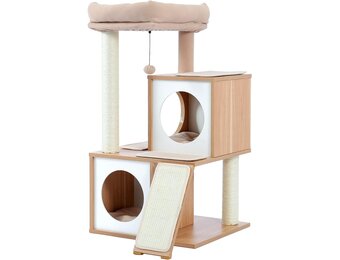 PETEPELA Krabpaal, 93 cm, hout, kattentoren met dubbele holletjes, afneembare, ruime zitstang, volledig omwikkelde sisalstammen, verwisselbare bungelende ballen, 104 cm, beige
