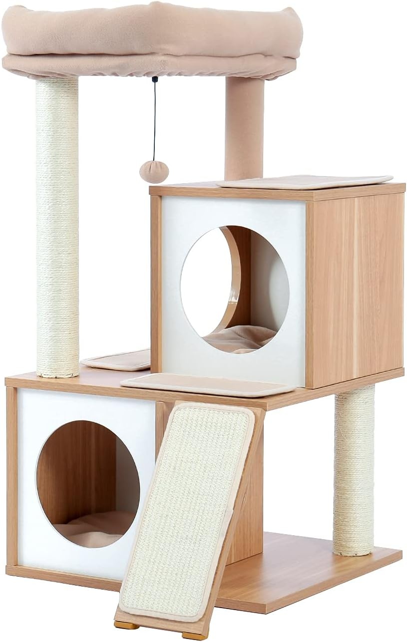 PETEPELA Krabpaal, 93 cm, hout, kattentoren met dubbele holletjes, afneembare, ruime zitstang, volledig omwikkelde sisalstammen, verwisselbare bungelende ballen, 104 cm, beige