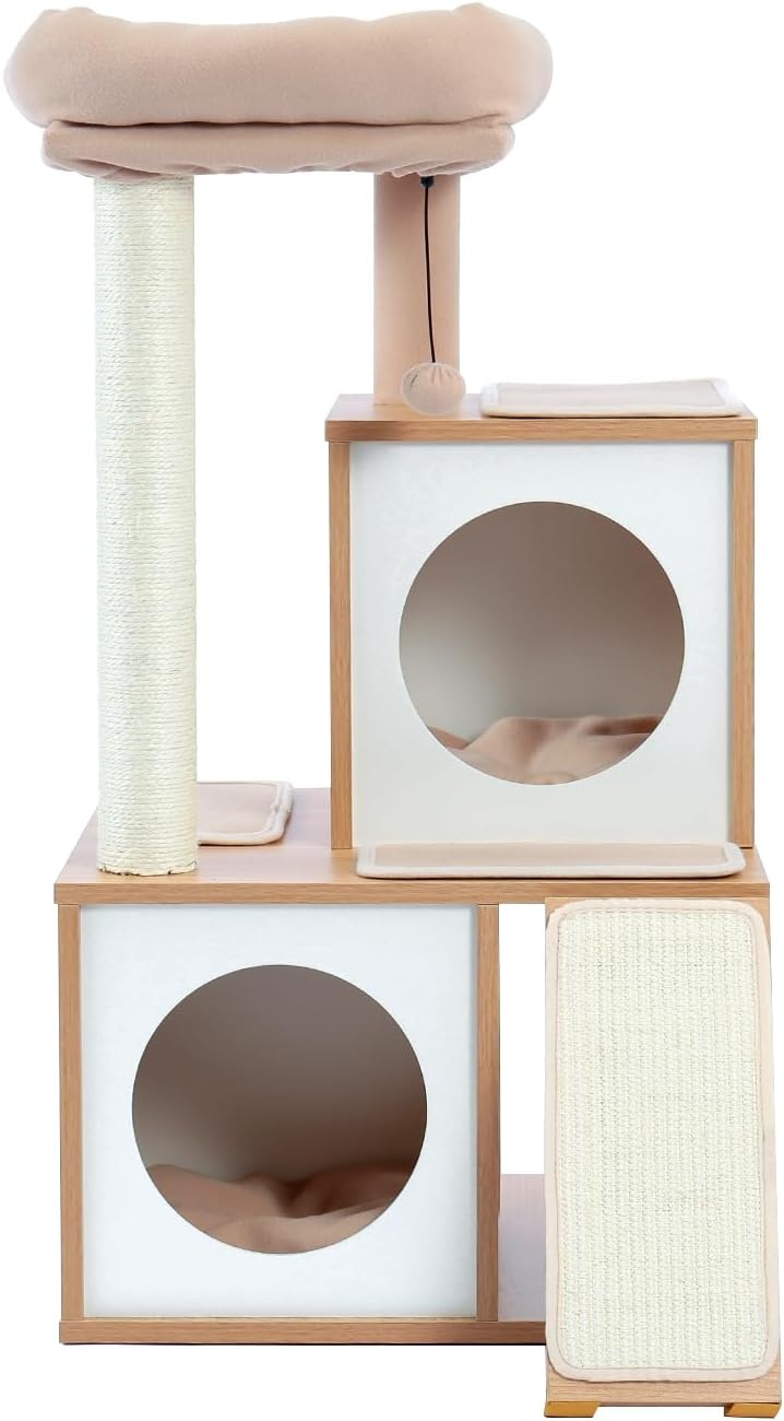 PETEPELA Krabpaal, 93 cm, hout, kattentoren met dubbele holletjes, afneembare, ruime zitstang, volledig omwikkelde sisalstammen, verwisselbare bungelende ballen, 104 cm, beige