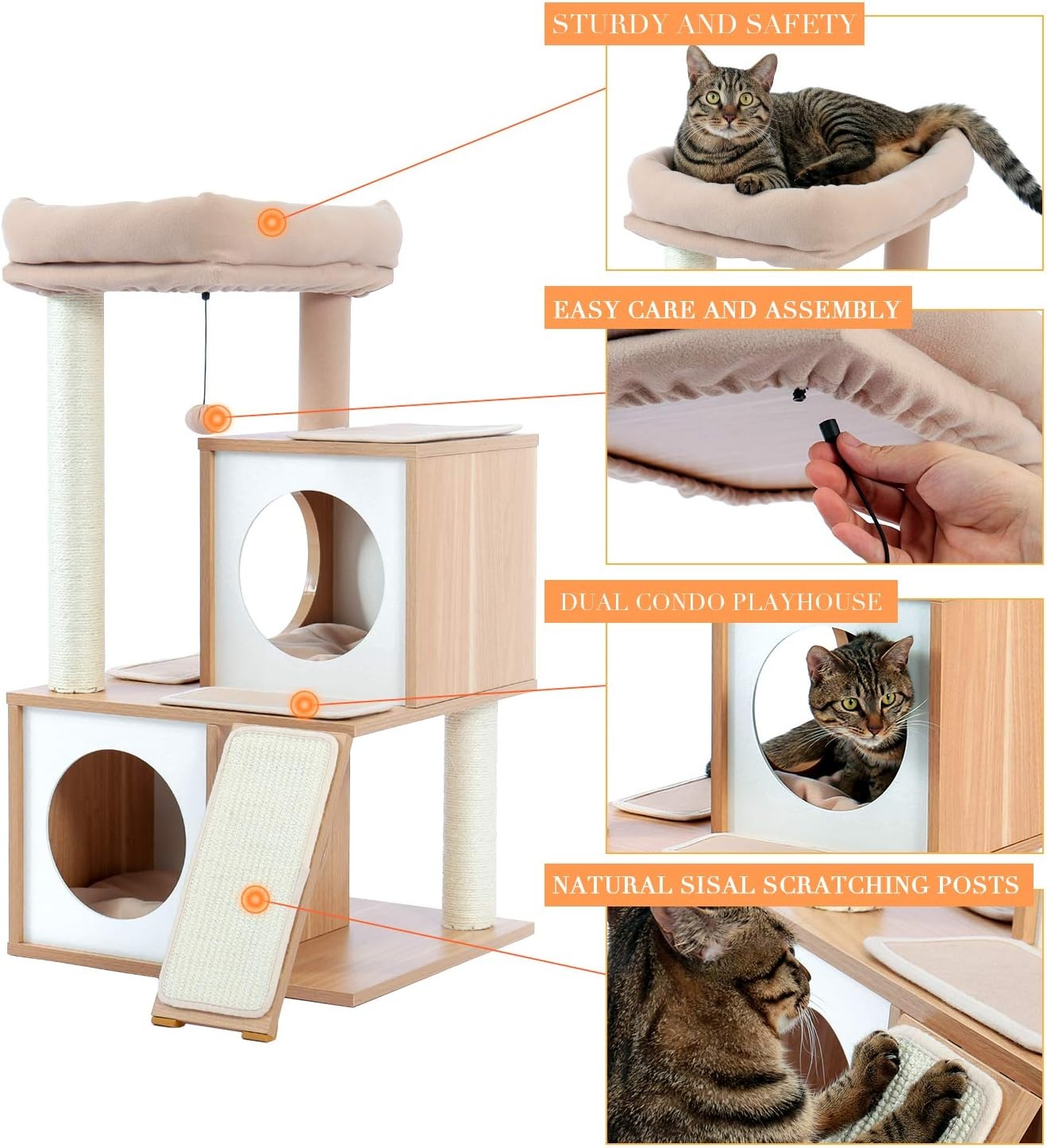 PETEPELA Krabpaal, 93 cm, hout, kattentoren met dubbele holletjes, afneembare, ruime zitstang, volledig omwikkelde sisalstammen, verwisselbare bungelende ballen, 104 cm, beige