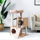 PETEPELA Krabpaal, 93 cm, hout, kattentoren met dubbele holletjes, afneembare, ruime zitstang, volledig omwikkelde sisalstammen, verwisselbare bungelende ballen, 104 cm, beige