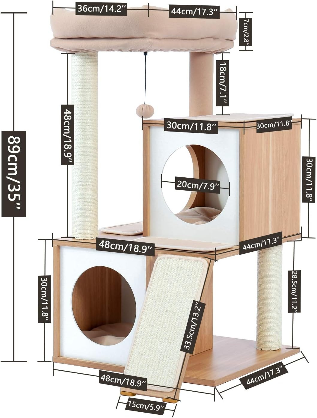 PETEPELA Krabpaal, 93 cm, hout, kattentoren met dubbele holletjes, afneembare, ruime zitstang, volledig omwikkelde sisalstammen, verwisselbare bungelende ballen, 104 cm, beige