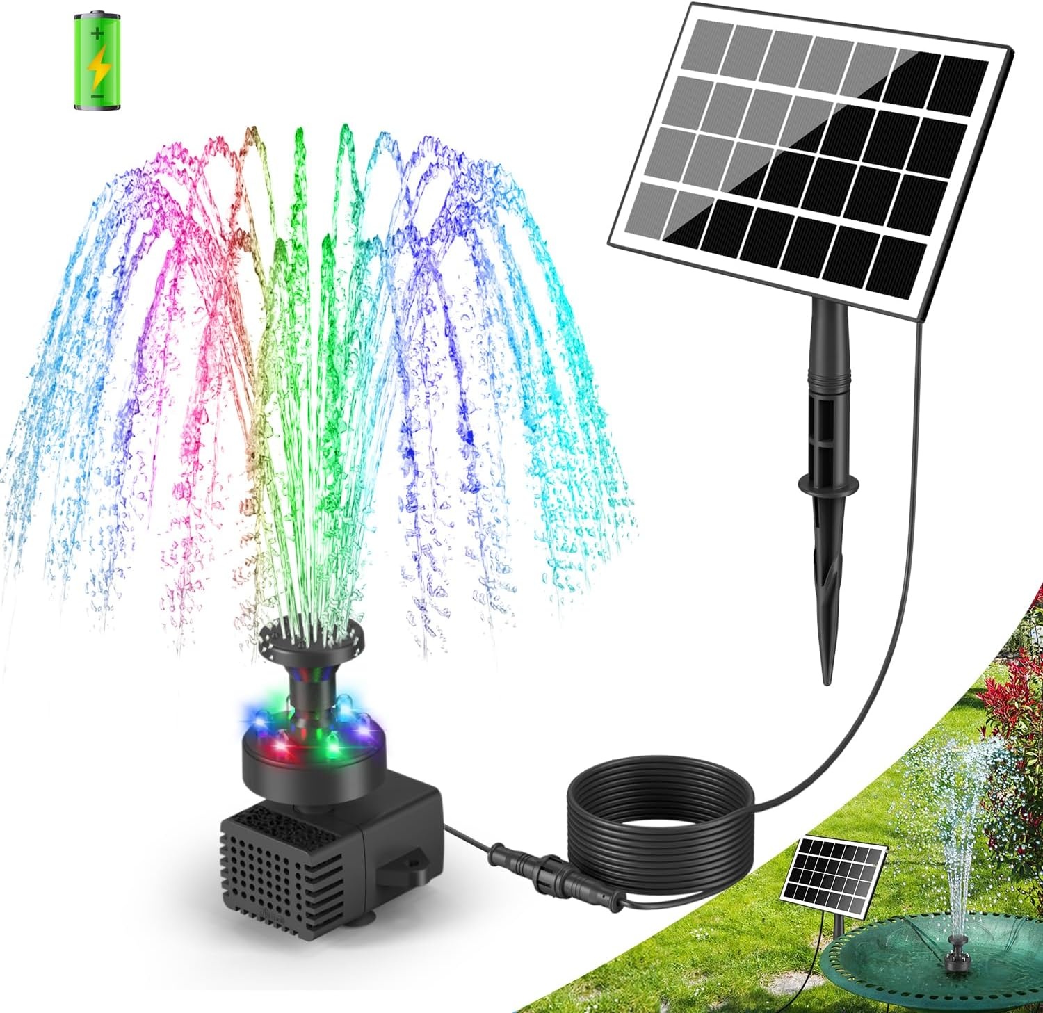 Pull SZMP Fonteinpomp op Zonne-energie 2024 Upgraded 100% Glas,3.5W Vijverpomp op Zonne-energie met 2000mAh-Batterij,16.4ft Stroomdraad,Drijvende Fonteinpomp