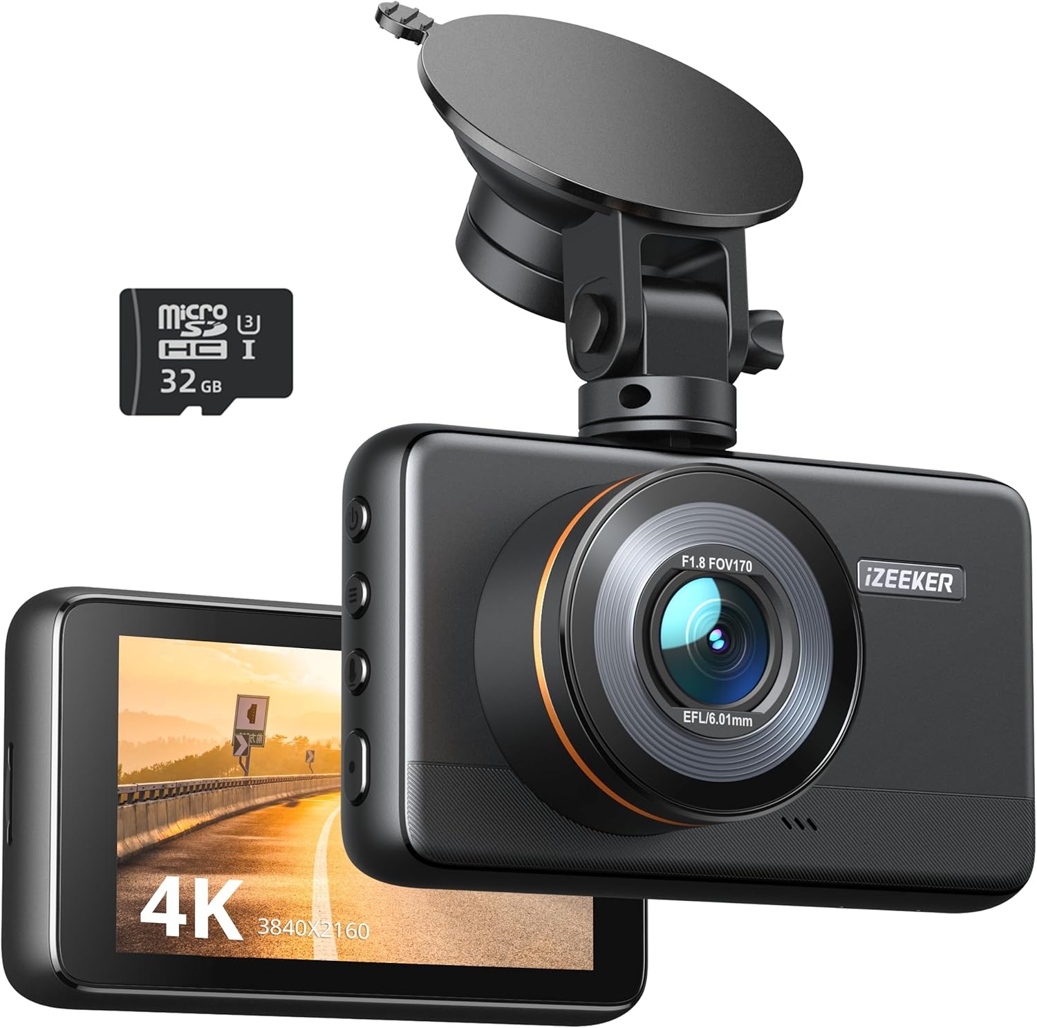 iZEEKER 4K Dashcam WiFi, 2160P frontcamera voor auto met 32G SD-kaart, WDR-nachtzicht, noodopname, loopopname, 24-uurs parkeermodus, G-sensor