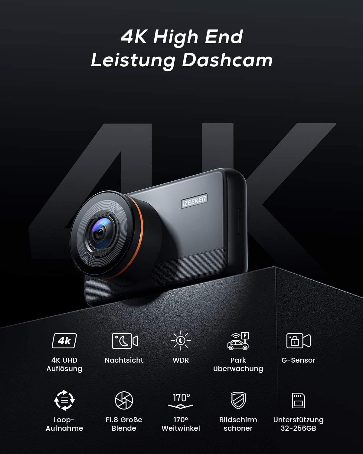 iZEEKER 4K Dashcam WiFi, 2160P frontcamera voor auto met 32G SD-kaart, WDR-nachtzicht, noodopname, loopopname, 24-uurs parkeermodus, G-sensor