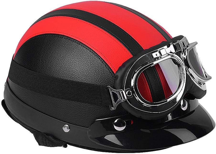 Estink Motorhelm Half Open met Veiligheidsbril, Scooterveiligheid, Rood, 54-60 cm