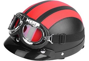 Motorhelm Half Open Scooter - Rood - UV-Bril & Leren Sjaal - 28% Korting