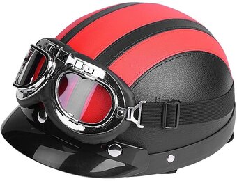Motorhelm Half Open Scooter - Rood - UV-Bril & Leren Sjaal - 28% Korting