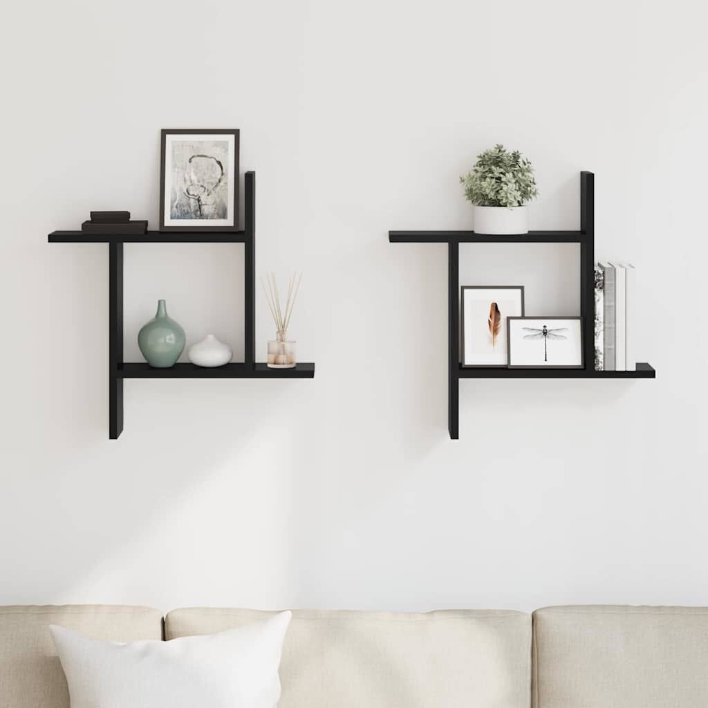 vidaXL Wandschappen (2 st.) - 50x12x50 cm - Bewerkt Hout Zwart - 43% Korting