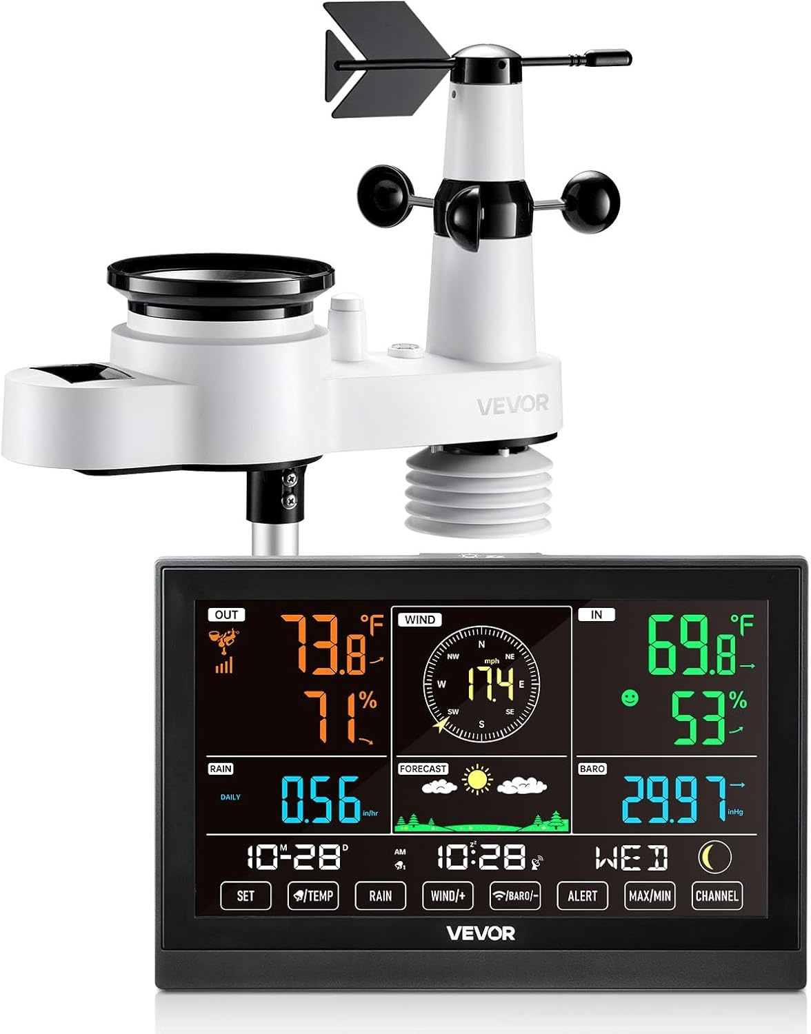VEVOR 5-in-1 draadloos weerstation, 7,5 inch VA-display, buitensensor op zonne-energie, regenmeter, binnen en buiten, voor weersvoorspelling, temperatuur, vochtigheid, windsnelheid en richting (geen