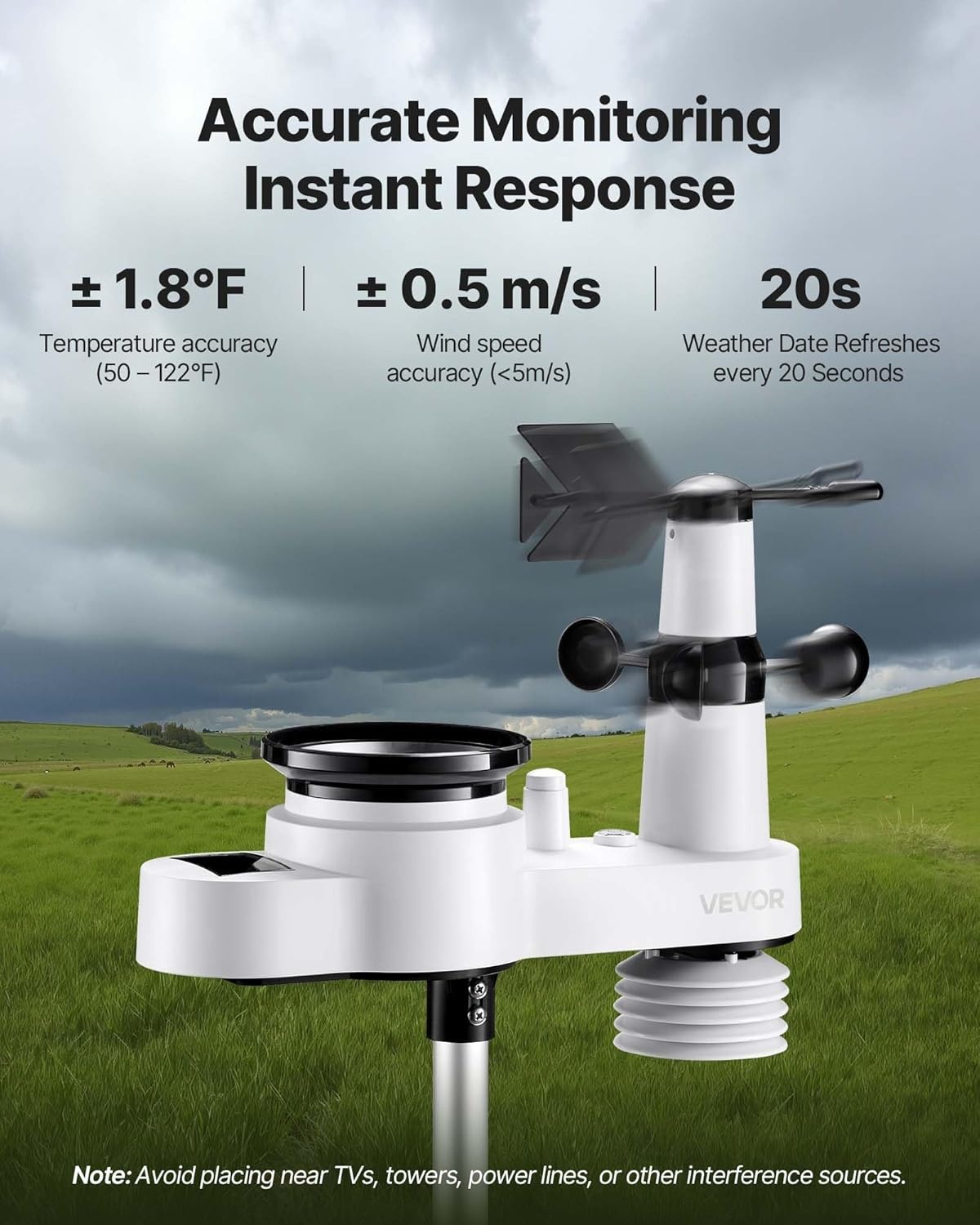 VEVOR 5-in-1 draadloos weerstation, 7,5 inch VA-display, buitensensor op zonne-energie, regenmeter, binnen en buiten, voor weersvoorspelling, temperatuur, vochtigheid, windsnelheid en richting (geen