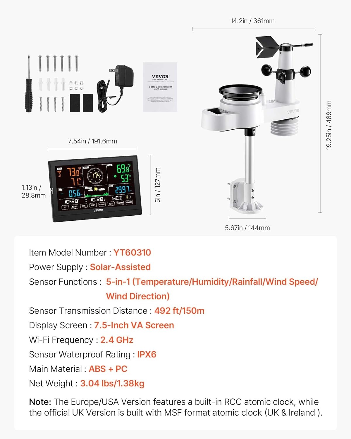 VEVOR 5-in-1 draadloos weerstation, 7,5 inch VA-display, buitensensor op zonne-energie, regenmeter, binnen en buiten, voor weersvoorspelling, temperatuur, vochtigheid, windsnelheid en richting (geen