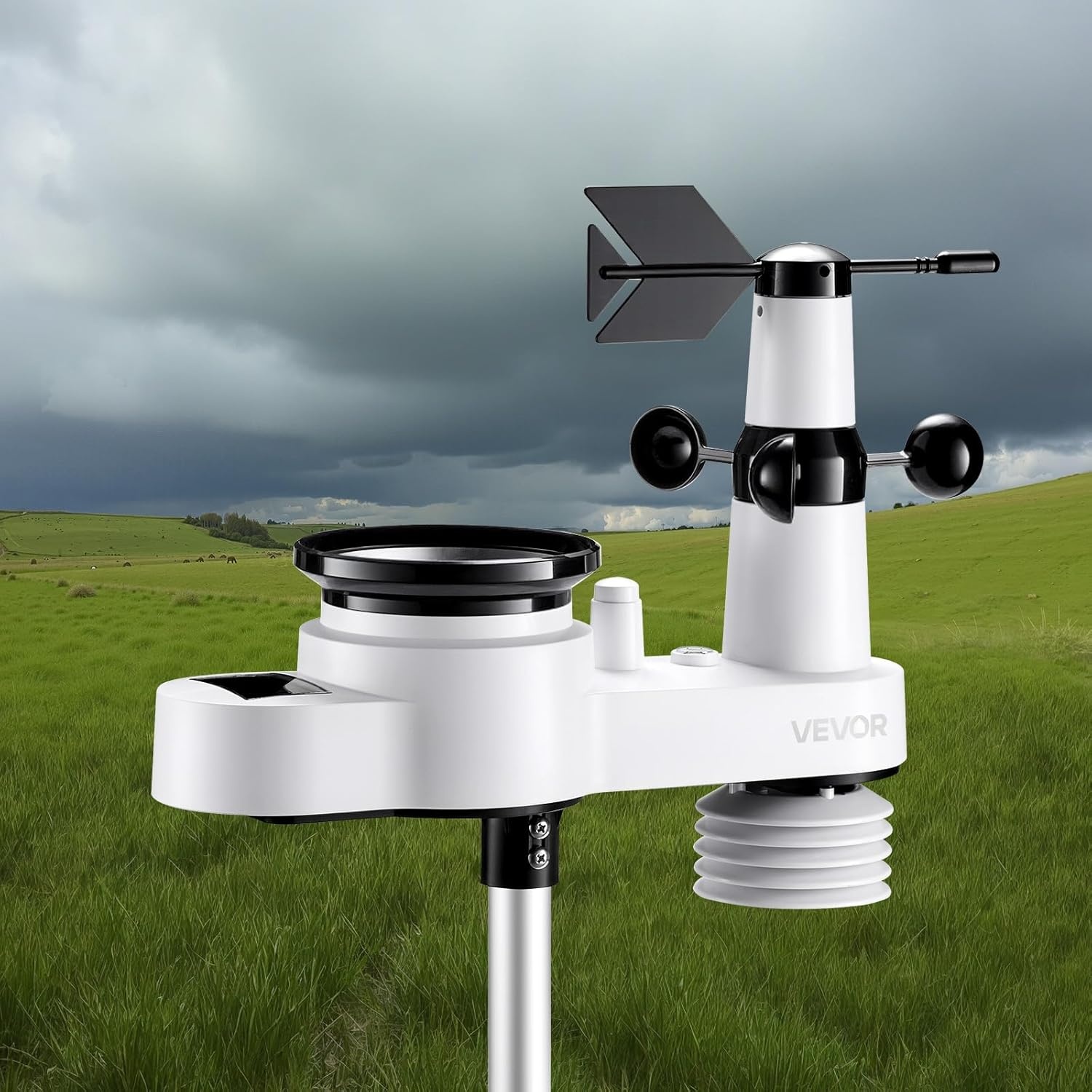 VEVOR 5-in-1 draadloos weerstation, 7,5 inch VA-display, buitensensor op zonne-energie, regenmeter, binnen en buiten, voor weersvoorspelling, temperatuur, vochtigheid, windsnelheid en richting (geen