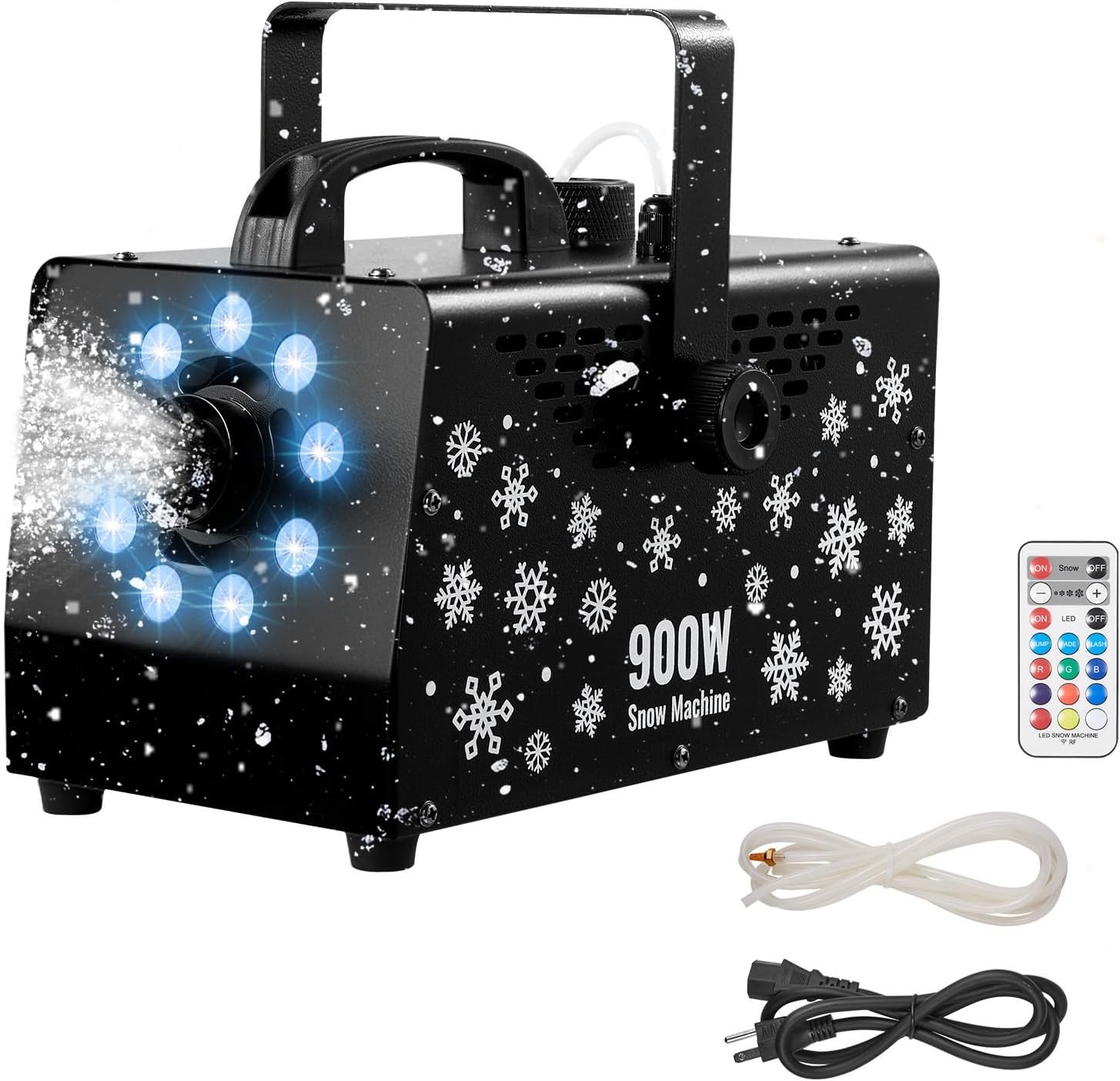 VEVOR Sneeuwmachine, 900 W, draagbaar, hangend, met omgevingslicht, met draadloze afstandsbediening en vloeistofreservoir, 1 l, buitengebruik, voor kerstfeesten