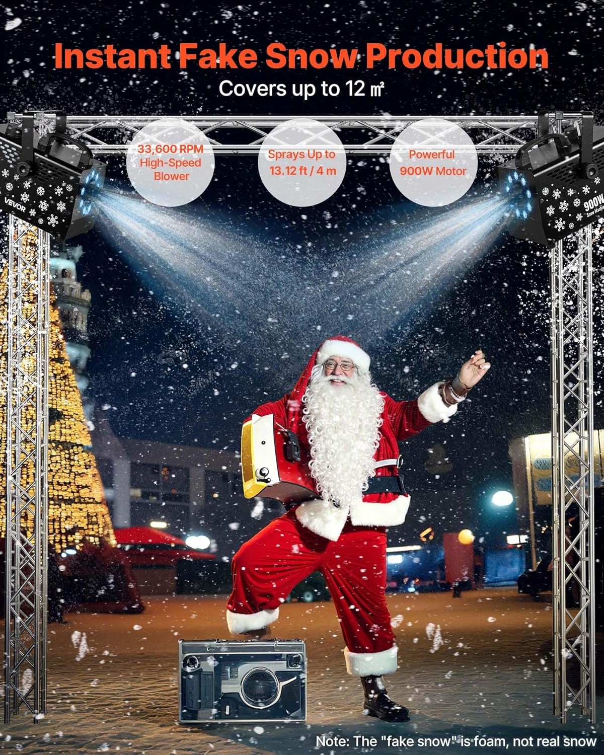 VEVOR Sneeuwmachine, 900 W, draagbaar, hangend, met omgevingslicht, met draadloze afstandsbediening en vloeistofreservoir, 1 l, buitengebruik, voor kerstfeesten